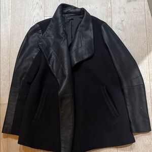 Theory Black Leather Sleeve Coat